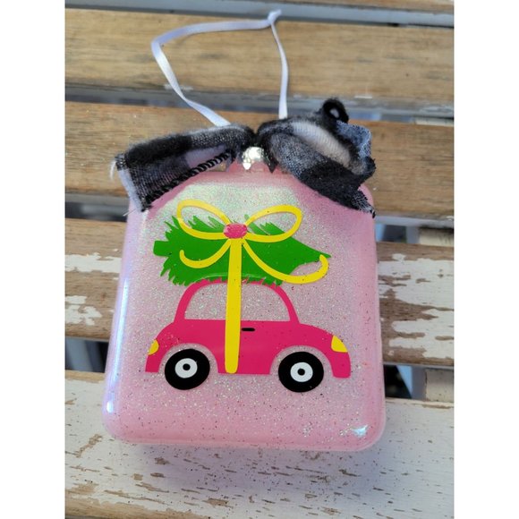 Pink car sparkle square ornament Xmas holiday tree - Picture 1 of 8